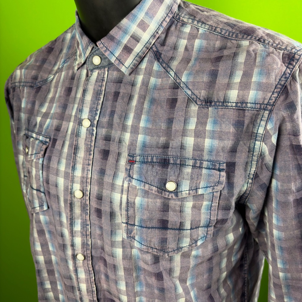 Thread & Cloth Mens L Blue Gray Plaid Pearl Snap Western Shirt 100% Cotton